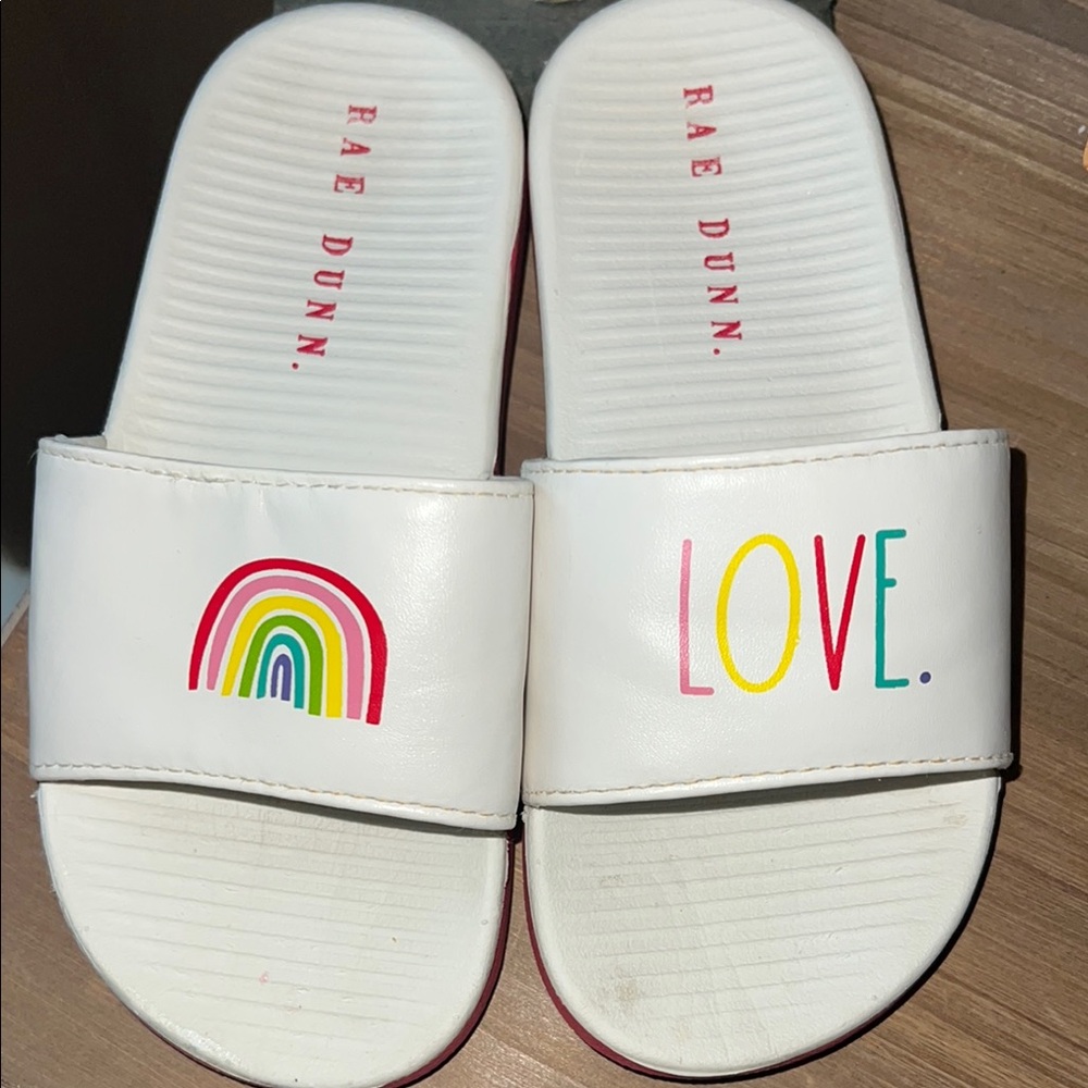 Rae Dunn White and Red Sandals with Rainbow Love Design